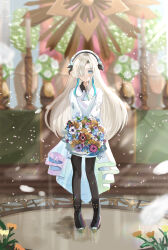 1girl absurdres altar ascot beret black_boots black_pantyhose blonde_hair blue_eyes blue_hair blurry blurry_background boots bouquet candle closed_mouth collared_dress dress falling_petals flower full_body hair_flower hair_ornament hair_over_one_eye hat high-low_dress high-low_skirt highres holding holding_bouquet iridescent isekaijoucho kamitsubaki_studio lens_flare light_particles light_rays long_hair long_sleeves looking_at_viewer ming_(mei) multicolored_hair one_eye_covered pantyhose petals smile solo standing streaked_hair v_arms virtual_youtuber white_dress white_hat