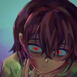 1other alien_stage blue_background brown_hair bruise bruise_on_face closed_mouth comic_panel_redraw commentary deltarune derivative_work english_commentary green_sweater hair_between_eyes hand_on_own_face highres injury kris_(deltarune) maeuvion other_focus red_eyes short_hair smile solo sweater weird_route_(deltarune)