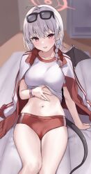1girl ahoge arm_support bare_legs blue_archive blush braid breasts buruma cameltoe clothes_lift collarbone demon_tail demon_wings feet_out_of_frame grey_hair gym_shirt gym_uniform halo haruna_(blue_archive) haruna_(track)_(blue_archive) highres indoors jacket jacket_on_shoulders kaetzchen lifting_own_clothes looking_at_viewer mat medium_breasts navel red_buruma red_eyes shirt shirt_lift single_braid single_wing sitting smile solo tail track_jacket wings