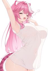 1girl animal_ears armpits blush breasts covered_erect_nipples covered_navel hair_intakes highres hololive hololive_english kei_(keiillustrator) large_breasts long_hair multicolored_hair one_eye_closed open_mouth panther_ears panther_girl panther_tail pink_hair raora_panthera see-through_clothes see-through_shirt see-through_silhouette shirt short_sleeves simple_background solo streaked_hair stretching tail thighs twitter_username two-tone_hair virtual_youtuber white_background white_hair white_shirt yellow_eyes