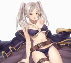 1girl absurdres belt bikini black_bikini black_robe breasts brown_belt cleavage collarbone commentary english_commentary female_robin_(fire_emblem) female_robin_(seaside_tactician)_(fire_emblem) fire_emblem fire_emblem_awakening fire_emblem_heroes gluteal_fold highres jacket jewelry long_hair long_sleeves looking_at_viewer medium_breasts nintendo o-ring o-ring_bikini official_alternate_costume parted_bangs pendant purple_bikini robe simple_background smile solo stomach swimsuit thigh_belt thigh_strap thighs twintails underboob white_background white_hair yellow_eyes yoru_(yowuyoru)