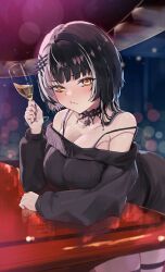 Rule 34 | 1girl, alcohol, alternate costume, bar (place), bare shoulders, black choker, black dress, black hair, black nails, black sweater, breasts, champagne, choker, cleavage, collarbone, counter, cup, dress, drinking glass, grey hair, hair between eyes, highres, holding, hololive, hololive english, indoors, lace-trimmed choker, lace trim, large breasts, long hair, long sleeves, looking at viewer, multicolored hair, off-shoulder sweater, off shoulder, ribbed sweater, shiori novella, sitting, solo, split-color hair, sweater, toake (user affe3424), two-tone hair, virtual youtuber, whiskey, yellow eyes
