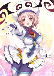 1girl blush braid breasts bucchake_(asami) collared_shirt commission cosplay covered_navel date_a_live date_a_live:_rinne_utopia dress gloves hat lala_satalin_deviluke lala_satalin_deviluke_(cosplay) large_breasts leotard long_sleeves looking_at_viewer medium_hair necktie open_mouth pantyhose pink_background pink_eyes pink_hair pixiv_commission purple_pantyhose purple_shirt red_necktie shirt showgirl_skirt skirt smile solo sonogami_rinne to_love-ru white_dress white_gloves white_hat white_leotard white_skirt yellow_background