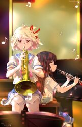 2girls absurdres black_hair blonde_hair blue_sailor_collar blue_skirt blurry blurry_background clarinet commentary_request hair_ribbon hibike!_euphonium highres holding holding_instrument holding_trumpet inoue_takina instrument kitauji_high_school_uniform long_hair lycoris_recoil multiple_girls music musical_note neckerchief nishikigi_chisato one_side_up orange_eyes pink_neckerchief playing_instrument pleated_skirt purple_eyes red_ribbon ribbon sailor_collar school_uniform sengoku_chidori serafuku shirt short_hair sitting skirt trumpet white_shirt