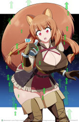 1girl :o animal_ear_fluff animal_ears arrow_(symbol) belt black_dress blunt_bangs boots breasts brown_belt brown_boots brown_gloves brown_hair cleavage collared_dress commentary commission cowboy_shot curvy dress elbow_gloves english_commentary gloves high_collar highres hourglass huge_breasts kojiro_brushard large_tail layered_dress long_hair long_sleeves looking_down metal_hair_tubes metal_wrist_cuffs neck_ribbon open_mouth raccoon_ears raccoon_girl raccoon_tail raphtalia red_dress red_eyes red_ribbon ribbon short_dress sleeveless sleeveless_dress solo striped_clothes striped_dress tail tate_no_yuusha_no_nariagari thick_thighs thigh_boots thighs two-tone_dress vertical-striped_clothes vertical-striped_dress white_dress wide_hips