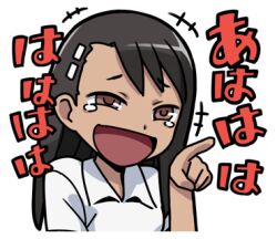 +++ 1girl 774_(nanashi) :d black_hair brown_eyes collared_shirt ijiranaide_nagatoro-san laughing long_hair lowres nagatoro_hayase open_mouth pointing shirt simple_background smile solo tan upper_body white_background white_shirt