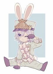 1boy ;&lt; animal_ears band_uniform bow character_request closed_mouth commentary_request deformed formal_clothes full_body hat highres kano201215 legs_apart male_focus one_eye_closed rabbit_ears solo suit white_bow white_eyes white_hair white_hat white_suit