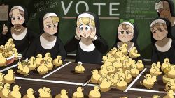 6+girls :&lt; :d :o ^_^ baby_animal beret bird black_bow black_bowtie blonde_hair blue_eyes bow bowl bowtie brown_eyes brown_hair chalkboard chicken chili_pepper closed_eyes clumsy_nun_(diva) commentary corn diva_(hyxpk) duck duckling eating eggshell_hat english_commentary eyewear_on_head food food_in_mouth fortissimo freckles frog_headband froggy_nun_(diva) fruit glasses_nun_(diva) habit hair_ornament hands_on_own_cheeks hands_on_own_face hat highres hungry_nun_(diva) instrument lemon little_nuns_(diva) maracas multiple_girls musical_note musical_note_hair_ornament nervous_sweating nose_bubble nun open_mouth poster_(object) red_eyes red_hair sheep_nun_(diva) slice_of_life smile sombrero spicy_nun_(diva) sponge squinting surprised sweat sweatdrop tag thumbs_up too_many traditional_nun yellow_eyes
