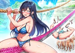 2girls 6+boys amamiya_chihiro bikini black_hair blue_bikini blue_eyes blush breasts brown_hair cameltoe censored crowd falling floral_print_bikini frilled_bikini frills hair_ornament hairclip hechima_koubou large_breasts long_hair looking_down mesu_game_~tsukamareba_soku_nakadashi!_100_hyaku_oku-en_to_chijoku_o_kaketa_survival~ mosaic_censoring mountainous_horizon multiple_boys multiple_girls nature outdoors penis pussy_juice rope_walking running shiny_skin side-tie_bikini_bottom sweat swimsuit twintails waiting