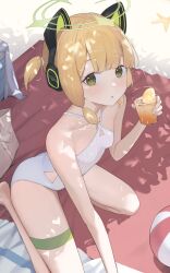 1girl :o animal_ear_headphones animal_ears blonde_hair blue_archive blush breasts cat_ear_headphones cup drink fake_animal_ears gmi_(jimmyovob) green_eyes green_halo halo headphones highres holding holding_cup loli looking_at_viewer midori_(blue_archive) one-piece_swimsuit sitting small_breasts solo swimsuit thigh_strap thighs white_one-piece_swimsuit