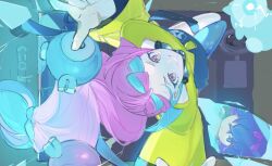 Rule 34 | 2girls, blue hair, bow-shaped hair, dot (pokemon), from above, hair over one eye, highres, iono (pokemon), jacket, long hair, long sleeves, looking at viewer, looking up, multicolored hair, multiple girls, nintendo, pink eyes, pink hair, pokemon, pokemon (anime), pokemon horizons, purple hair, short hair, thigh strap, tonbo (tonbo63194), two-tone hair, yellow jacket