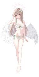 1girl absurdres alternate_costume angel_wings bare_shoulders barefoot blue_archive blush braid breasts breasts_apart brown_hair closed_mouth collarbone commentary_request crown_braid feathered_wings flower full_body hair_between_eyes hair_flower hair_ornament halo hand_up highres kurumi_lm long_hair looking_at_viewer low_wings medium_breasts nagisa_(blue_archive) navel paid_reward_available panties pink_flower side-tie_panties simple_background smile solo standing stomach underwear very_long_hair white_background white_flower white_panties white_wings wings yellow_eyes