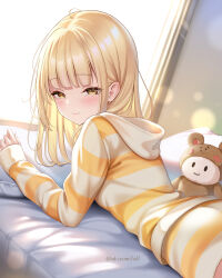 1girl akiei blonde_hair blunt_bangs blush commentary_request fujita_kotone gakuen_idolmaster highres hood hoodie idolmaster indoors light_smile looking_at_viewer looking_back lying on_stomach shorts solo straight_hair striped_clothes striped_hoodie striped_shorts stuffed_animal stuffed_toy teddy_bear yellow_eyes