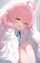 Rule 34 | 1girl, absurdres, ahoge, blanket, blue archive, blue eyes, blue necktie, blush, commentary request, fang, hair between eyes, hair flaps, halo, heterochromia, highres, hoshino (blue archive), huge ahoge, kuchisode, long hair, long sleeves, looking at viewer, necktie, open mouth, pink hair, pink halo, puffy long sleeves, puffy sleeves, skin fang, smile, solo, under covers, yellow eyes