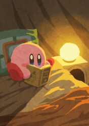 bed blue_eyes blush_stickers book commentary highres holding holding_book indoors kirby kirby_(series) lamp miclot nintendo no_humans pillow pokemon pokemon_(creature) reading sitting solo symbol-only_commentary