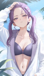 1girl absurdres arm_up bangs_pinned_back blue_sky blurry blurry_background breasts cleavage collarbone commentary_request day depth_of_field gakuen_idolmaster hibimaru highres idolmaster jacket kaya_rinha long_hair long_sleeves looking_at_viewer medium_breasts mole mole_on_neck navel open_clothes open_jacket puffy_long_sleeves puffy_sleeves purple_eyes purple_hair sky solo twintails wet white_jacket