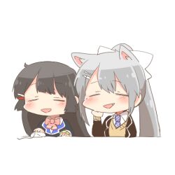 2girls :d animal_ear_fluff animal_ears black_hair black_jacket blazer blush_stickers bow brown_sweater cat_ears chibi closed_eyes collared_shirt cropped_torso fang grey_hair hair_bow hair_ornament hairclip higuchi_kaede higuchi_kaede_(1st_costume) jacket long_hair lowres multiple_girls necktie nijisanji open_mouth pink_bow ponytail purple_necktie rebecca_(keinelove) school_uniform shirt simple_background smile sweater tsukino_mito tsukino_mito_(1st_costume) upper_body very_long_hair virtual_youtuber white_background white_bow white_shirt