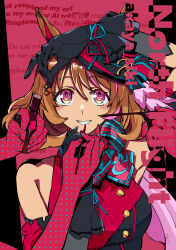 1girl absurdres akaya_shiki animal_ears armpits blush breasts brown_eyes brown_hair character_name gloves hair_between_eyes hair_ornament highres horse_ears lipstick looking_at_viewer makeup medium_breasts north_flight_(umamusume) simple_background solo umamusume