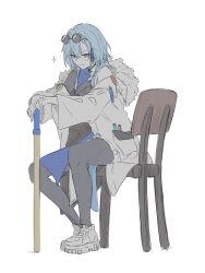 Rule 34 | 1girl, aogiri koukou, black bodysuit, blue hair, bodysuit, chair, coat, eyewear on head, gloves, harusame urame, highres, holding baton, kanade (kanade 3344), looking at viewer, shoes, simple background, sitting, solo, virtual youtuber, white background, white coat, white gloves, white shoes