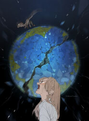1girl artist_name black_background blonde_hair breaking commentary_request crack crying crying_with_eyes_open debris demizu_posuka earth_(planet) from_side grey_eyes highres long_hair open_mouth original planet raptor shirt solo tears upper_body white_shirt