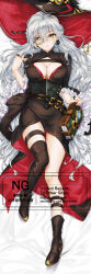 1girl absurdres black_dress black_hat black_nails black_thighhighs breasts cleavage dakimakura_(medium) diabellstar_the_black_witch dress duel_monster earrings eyelashes grey_hair hat highres incredibly_absurdres jewelry large_breasts long_hair monocle single_thighhigh solo thighhighs tostarin yellow_eyes yu-gi-oh!