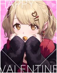 1girl absurdres akabino azusawa_kohane black_jacket border brown_eyes cleavage_cutout clothing_cutout dress earrings floating_earrings food_in_mouth hair_ornament hair_ribbon hairclip hands_on_own_cheeks hands_on_own_face happy_valentine heart heart_earrings heart_hair_ornament highres jacket jewelry light_blush light_brown_hair long_sleeves looking_at_viewer off_shoulder official_alternate_costume pendant pink_background portrait project_sekai red_dress ribbon sleeves_past_wrists swept_bangs take_the_best_shot!_(project_sekai) twintails valentine white_border