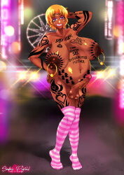 abortion_mark ace_(playing_card) ace_of_spades black_nipples blonde_hair breasts colored_nipples exposing_self gyaru jewelry large_breasts outdoors piercing pregnant prostitute prostitution purple_eyes slut_girl smile sodomi_pigtail spade_(shape) tattoo thighhighs