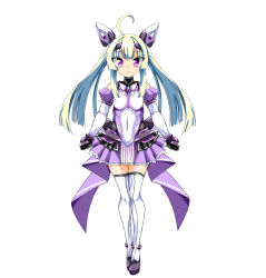 Rule 34 | 1girl, ahoge, amakubo yuri, bare shoulders, black gloves, blonde hair, bodysuit, breasts, clenched hands, closed mouth, covered navel, detached sleeves, dress, expressionless, exs-tia flora, full body, gloves, green hair, headgear, highres, kouyoku senki exs-tia, long hair, looking at viewer, magical girl, pleated skirt, purple dress, purple eyes, skirt, small breasts, solo, standing, straight-on, tachi-e, thighhighs, transparent background, twintails, white thighhighs, zesuto, zettai ryouiki
