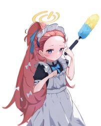 1girl apron aqua_bow black_dress black_hairband blue_archive blue_ribbon blurry blush bow clenched_hand closed_mouth commentary cowboy_shot depth_of_field dot_mouth dot_nose dress duster forehead frilled_apron frills furrowed_brow hair_behind_ear hair_bow hair_ribbon hairband halo hands_up high_ponytail highres holding holding_duster long_hair looking_at_viewer looking_to_the_side maid maid_apron maid_headdress mi_kan_(1101515378) official_alternate_costume official_alternate_hairstyle ponytail power_symbol puffy_short_sleeves puffy_sleeves purple_eyes red_hair ribbon short_sleeves sidelighting simple_background solo very_long_hair white_apron white_background white_bow white_headdress yellow_halo yuzu_(blue_archive) yuzu_(maid)_(blue_archive)