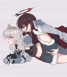 2girls animal_ears armor armored_boots armored_gloves biting biting_ear blue_eyes blush boots brown_hair cape chibi commentary_request fingering girls_band_cry grey_eyes grey_hair grey_shorts halo highres iseri_nina kawaragi_momoka kemonomimi_mode long_hair low_twintails multicolored_hair multiple_girls open_mouth red_cape roots_(hair) short_hair short_twintails shorts shoulder_armor sweatdrop trembling twintails wolf_ears wolf_girl yun_cao_bing yuri