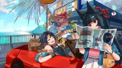 1boy 3girls ? absurdres animal_ear_fluff animal_ears bag beach black_choker black_hair blue_oni blue_shirt blue_skin blunt_bangs car choker colored_skin day fox_ears fox_girl glasses hand_fan head_tilt headband highres holding holding_fan holding_map hoshimi_miyabi jacket long_hair map motor_vehicle multiple_girls one_eye_closed oni open_clothes open_jacket outdoors pink_eyes pink_hair red_car red_eyes shirt shoulder_bag smile snack soukaku_(zenless_zone_zero) sshooooe tsukishiro_yanagi yellow_headband zenless_zone_zero