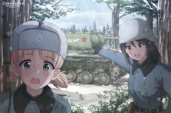 Rule 34 | 2girls, absurdres, aki (girls und panzer), blue coat, brown hair, bush, coat, commentary, commission, english commentary, finnish army, forest, girls und panzer, grey hair, hat, helmet, highres, kepincox, kv-1, long hair, looking at viewer, meme, mika (girls und panzer), military uniform, military vehicle, motor vehicle, multiple girls, nature, parody, short hair, short twintails, snow, snowing, tank, tree, twintails, two soyjaks pointing (meme), white hat, winter, winter clothes, winter coat