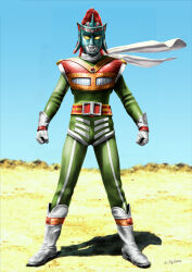 alien boots day dias_(tajima_kouki) giant_robot gloves glowing glowing_eyes go!_greenman greenman kaijin looking_at_viewer mecha no_humans no_pupils robot scarf seijin shadow superhero_costume toho wind yellow_eyes
