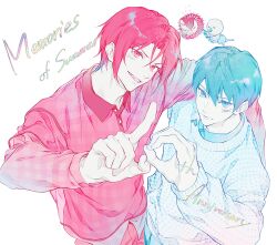 Rule 34 | 2boys, absurdres, blue theme, breasts, curtained hair, free!, highres, long sleeves, looking at viewer, male focus, matsuoka rin, medium breasts, monochrome, multiple boys, nanase haruka (free!), open mouth, pink theme, sei ( mo1008), sharp teeth, short hair, simple background, smile, teeth, white background