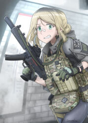 1girl ammunition_pouch black_gloves blue_eyes gloves gun gun_sling h&amp;k_mp5sd hair_bun highres hood hood_down indoors load_bearing_vest looking_at_viewer original pouch savankov single_hair_bun solo submachine_gun suppressor teeth trigger_discipline watch weapon wristwatch