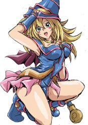 1girl blonde_hair blue_boots blue_dress blush_stickers boots breasts capelet cleavage dress duel_monster full_body green_eyes holding holding_wand large_breasts long_hair pink_capelet safety_kaijo simple_background sketch solo wand white_background yu-gi-oh!