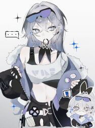 ... 1girl eyewear_on_head fur-trimmed_jacket fur_trim goggles goggles_on_head gradient-tinted_eyewear grey_eyes hair_down highres honkai:_star_rail honkai_(series) jacket long_hair purple-tinted_eyewear shirt silver_wolf_(honkai:_star_rail) single-shoulder_shirt solo speech_bubble sui_(0x0_2) tinted_eyewear