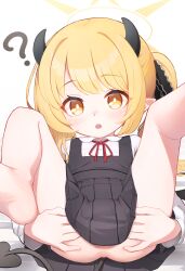 1girl :o ? ass bare_legs barefoot black_dress blonde_hair blue_archive blush bright_pupils commentary_request demon_horns demon_tail dress halo highres horns hudeako ibuki_(blue_archive) loli looking_at_viewer neck_ribbon no_panties one_side_up pinafore_dress pleated_dress pointy_ears red_ribbon revision ribbon school_uniform shirt simple_background sleeveless sleeveless_dress solo spread_pussy spread_pussy_under_clothes tail white_background white_pupils white_shirt yellow_eyes