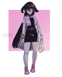 1girl alternate_costume bag bandaged_leg bandages black_dress black_hair black_nails bracelet chamame choker closed_mouth colored_skin dress expressionless female_focus full_body grey_skin grocery_bag hair_between_eyes holding holding_bag jacket jewelry long_hair looking_at_viewer multicolored_background nail_polish onion pink_background pink_jacket plastic_bag red_eyes shoes shopping_bag sneakers solo spiked_bracelet spikes standing very_long_hair white_background yamada_tae zombie zombie_land_saga