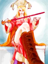 1girl blonde_hair blue_eyes boots cane cape crossed_legs female_focus final_fantasy final_fantasy_tactics gradient_background grin hat long_hair naki_(pixiv2159655) orator_(fft) sitting smile solo