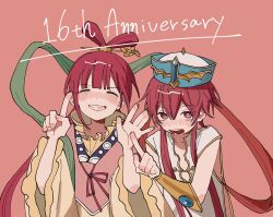 1boy 1girl androgynous anniversary blush bracer braid brother_and_sister chinese_clothes chinese_hairpin chinese_hat closed_eyes feixianji_(hairstyle) hagoromo hair_ornament hair_rings hanfu highres long_hair looking_at_viewer magi_the_labyrinth_of_magic open_mouth pink_background red_eyes red_hair ren_kougyoku ren_kouha shawl siblings simple_background smile somi_o_somi split_ponytail trap upper_body vest