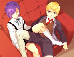 2boys blonde_hair blue_eyes brown_eyes casval_rem_deikun char_aznable child garma_zabi gundam itsmefool male_focus mobile_suit_gundam mobile_suit_gundam_the_origin multiple_boys necktie purple_hair short_hair shorts sitting suspenders vest aged_down