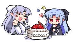 2girls black_coat blue_hair blush_stickers bow cake capelet chibi closed_eyes coat food fork fruit hair_bow happy holding holding_fork len_(tsukihime) light_blue_hair long_hair melty_blood multiple_girls red_eyes sketch smile spdcooler strawberry tsukihime white_coat white_len_(tsukihime)