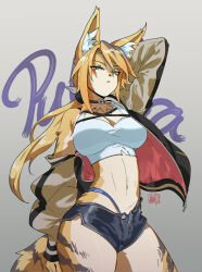 1girl absurdres animal_ear_fluff animal_ears arm_up black_choker black_jacket blue_shorts body_fur breasts cat_ears cat_girl cat_tail character_name choker closed_mouth furry furry_female green_eyes highres jacket jodytsengart large_breasts long_hair looking_at_viewer parted_bangs ponytail pulchra_fellini shirt shorts solo tail white_shirt yellow_fur zenless_zone_zero