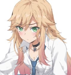 1girl blonde_hair breasts collared_shirt cosplay dress_shirt fate/apocrypha fate_(series) green_eyes kitagawa_marin kitagawa_marin_(cosplay) long_hair long_sleeves looking_at_viewer mordred_(fate) mordred_(fate/apocrypha) necktie parted_bangs shirt sidelocks small_breasts solo sono_bisque_doll_wa_koi_wo_suru tonee white_shirt