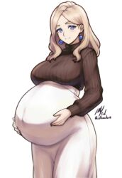 1girl ball_earrings blonde_hair blue_eyes breasts brown_sweater closed_mouth cowboy_shot fire_emblem fire_emblem:_three_houses high-waist_skirt highres large_breasts long_hair looking_at_viewer mercedes_von_martritz nintendo pregnant ribbed_sweater rotomdocs signature simple_background skirt smile solo sweater turtleneck turtleneck_sweater twitter_username white_background white_skirt