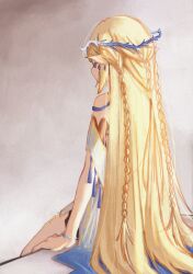 1girl absurdres armband arms_at_sides blonde_hair braid cartethyia_(wuthering_waves) dress earrings from_behind from_side highres jewelry long_hair multiple_braids multiple_earrings pointy_ears qyuro sitting solo straight_hair very_long_hair wuthering_waves