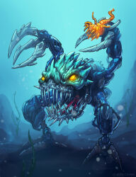 absurdres bionicle claws commentary creature english_commentary gadunka_(bionicle) glowing glowing_eyes highres kory_cromie monster no_humans open_mouth orange_eyes sharp_teeth solo standing teeth the_lego_group underwater
