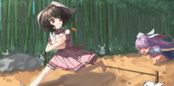 2girls :3 absurdres animal animal_ears bamboo bamboo_forest barefoot black_hair bloomers blue_skirt carrot_necklace chasing dress food food_in_mouth forest hair_between_eyes highres holding holding_animal inaba_tewi jewelry lab2linch long_hair medium_hair mochi multiple_girls nature necklace necktie open_mouth pink_dress purple_hair rabbit rabbit_ears rabbit_girl red_eyes red_necktie reisen_udongein_inaba shirt short_sleeves skirt touhou underwear white_bloomers white_shirt