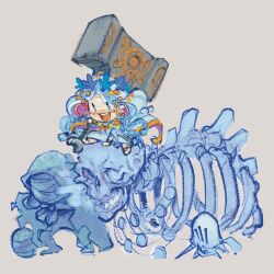 1girl absurdres blue_eyes braid chibi cloak dress elden_ring elden_ring_nightreign flower_wreath full_body grey_background hammer head_wreath helmet highres holding holding_weapon huge_weapon jewelry long_hair low_twin_braids monster open_mouth revenant_(elden_ring) simple_background skeleton smile thefireseal twin_braids weapon white_dress white_hair